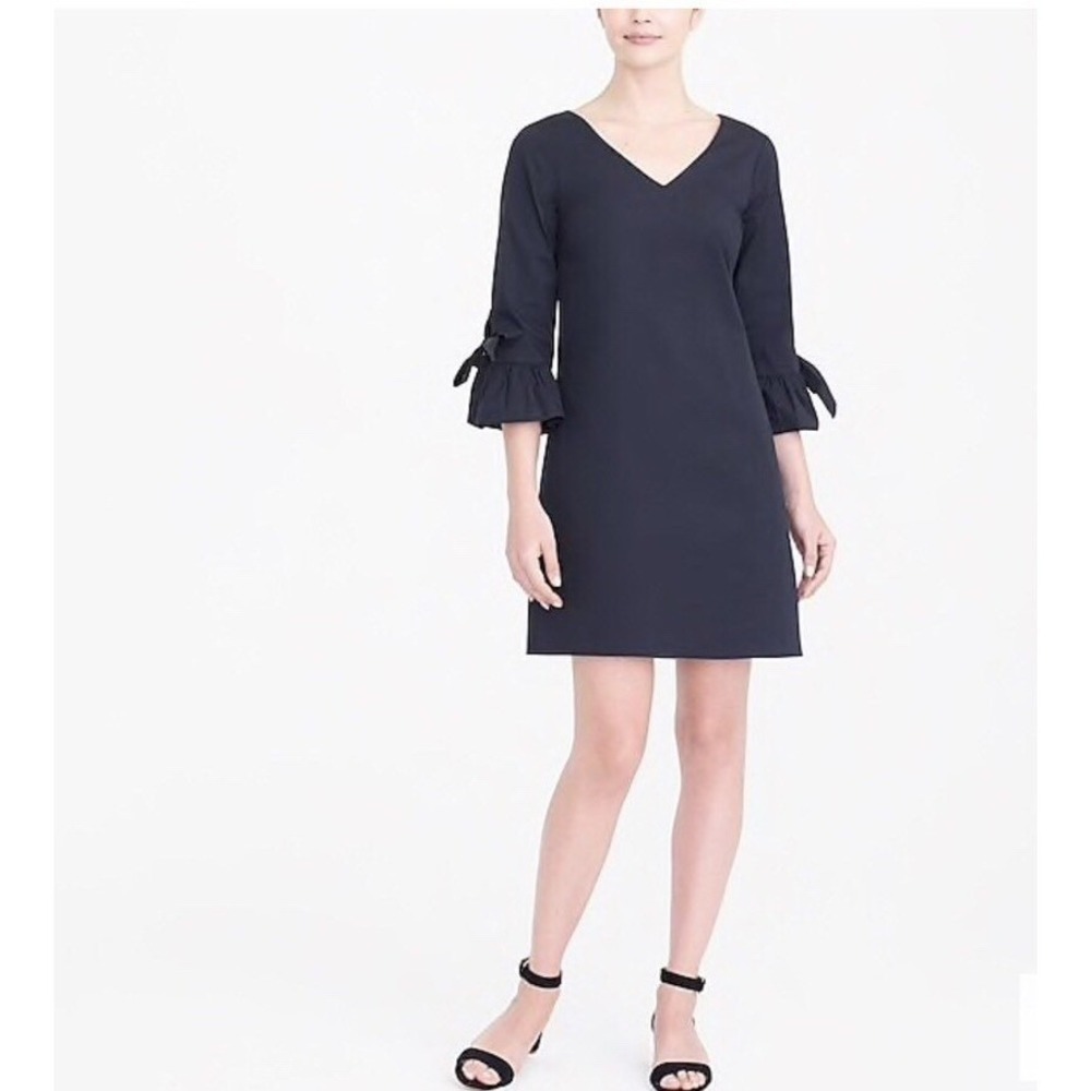 J. Crew V Neck Poplin Ruffle Tie Bell Sleeve Mini Shift‎ Little Black Dress Sz 4